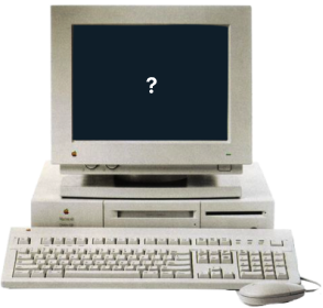 Alter PC mit einem Fragezeichen auf dem Bildschirm